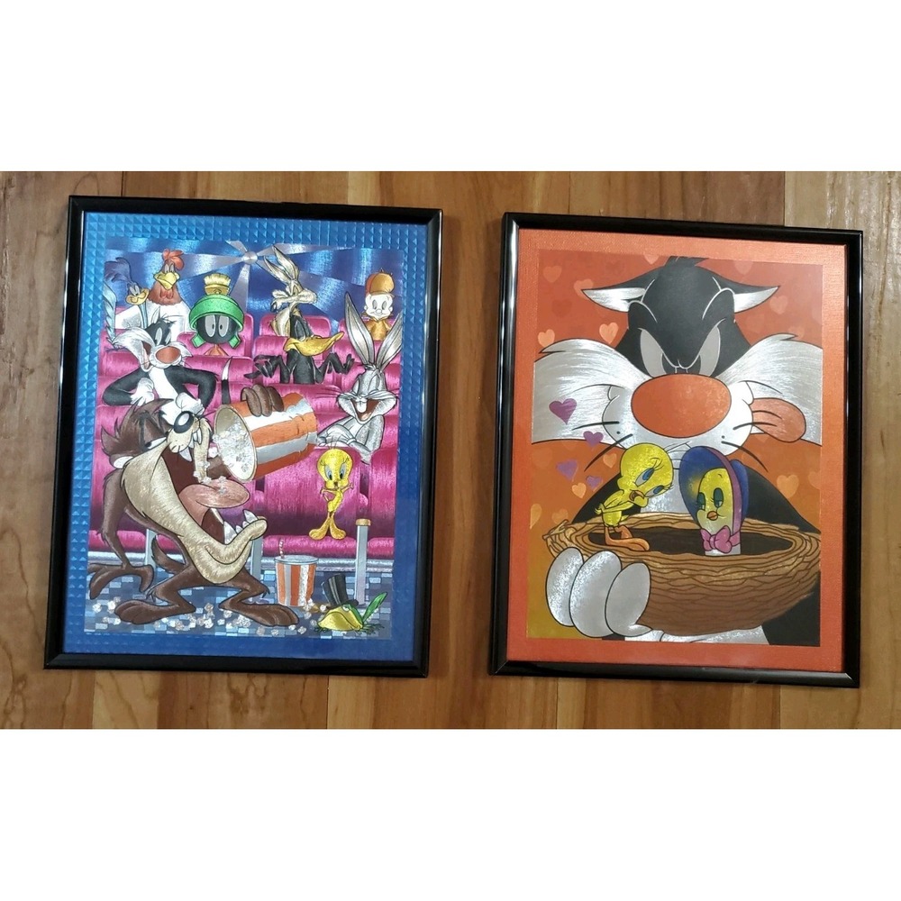 Vtg Looney Tunes 3D Holographic Picture Foil Art Tweety Sylvester Taz Set Of 2